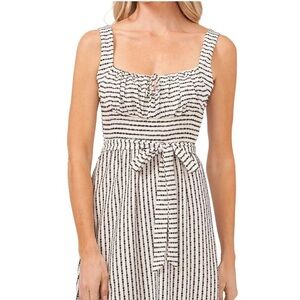 Cece Black White Stripe Empire Babydoll Tank Dress Belted Cotton Smocked L